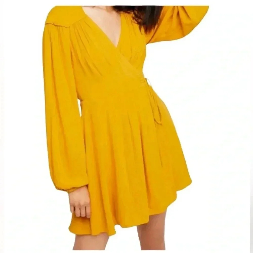 Yellow free people long sleeve wrap around mini dress size xs - Picture 3 of 12